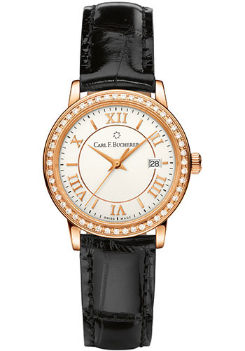 Carl F. Bucherer Adamavi Watch - 28 mm Rose Gold Case - Diamond Bezel - Silver Dial - Black Alligator Strap