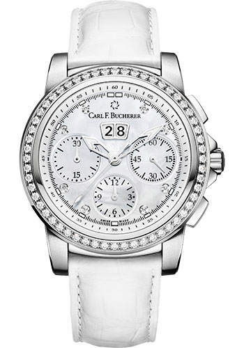 Carl F. Bucherer Patravi ChronoDate Watch - 40 mm Steel Diamond Case - Mother-Of-Pearl Diamond Dial - Alligator Strap