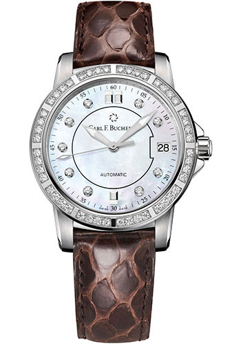 Carl F. Bucherer Patravi AutoDate Watch - 34 mm Steel Case - Diamond Bezel - Mother-of-Pearl Dial - Brown Python Strap