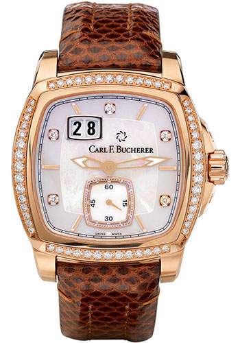 Carl F. Bucherer Patravi EvoTec BigDate Watch - Rose Gold Case - Diamond Bezel - Mother-of-Pearl Dial - Brown Water Snake Skin Strap