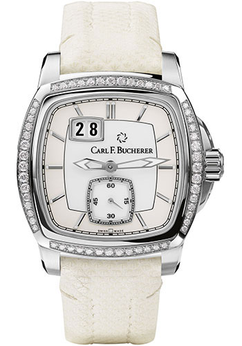 Carl F. Bucherer Patravi EvoTec BigDate Watch - Steel Case - Diamond Bezel - White Dial - White Water Snake Skin Strap