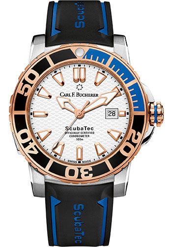 Carl F. Bucherer Patravi ScubaTec Watch - 44.6 mm Steel And Rose Gold Case - Rose Gold And Ceramic Bezel - Silver Dial - Black Rubber Strap