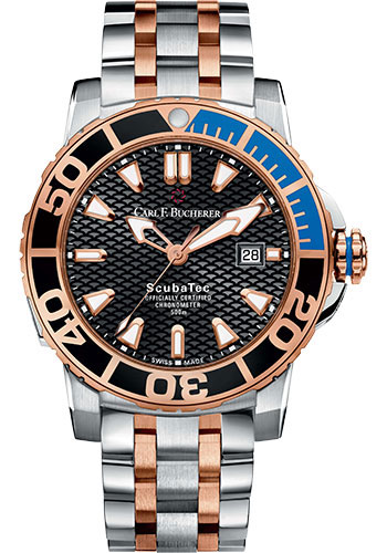 Carl F. Bucherer Patravi ScubaTec Watch - 44.6 mm Steel And Rose Gold Case - Rose Gold And Ceramic Bezel - Black Dial