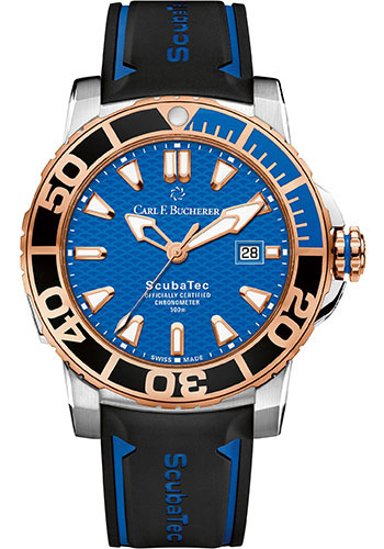 Carl F. Bucherer Patravi ScubaTec Watch - 44.6 mm Steel And Rose Gold Case - Rose Gold And Ceramic Bezel - Blue Dial - Black Rubber Strap