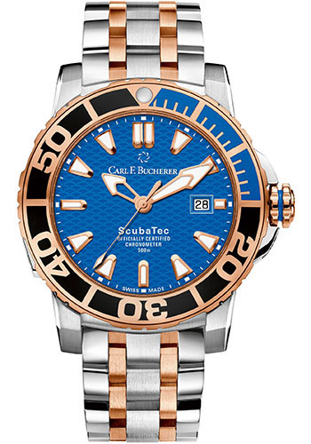 Carl F. Bucherer Patravi ScubaTec Watch - 44.6 mm Steel And Rose Gold Case - Rose Gold And Ceramic Bezel - Blue Dial