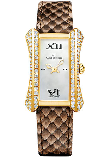 Carl F. Bucherer Alacria Midi Watch - Yellow Gold Diamond Case - Mother-of-Pearl Dial - Brown Python Skin Strap