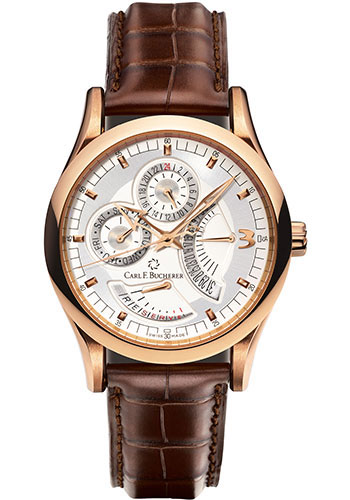 Carl F. Bucherer Manero RetroGrade Watch - Rose Gold Case - Silver Dial - Brown Alligator Strap