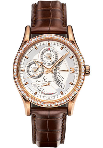 Carl F. Bucherer Manero RetroGrade Watch - Rose Gold Case - Diamond Bezel - Silver Dial - Brown Alligator Strap