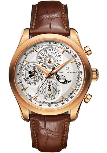 Carl F. Bucherer Manero ChronoPerpetual Watch - Rose Gold Case - Silver Dial - Brown Alligator Strap