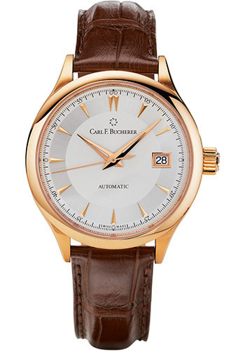 Carl F. Bucherer Manero AutoDate Watch - 38 mm Rose Gold Case - Silver Dial - Brown Alligator Strap