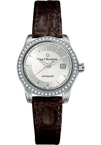 Carl F. Bucherer Manero AutoDate Watch - 30 mm Steel Case - Silver Dial - Crocodile Strap