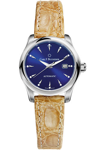 Carl F. Bucherer Manero AutoDate Watch - 30 mm Steel Case - Blue Dial - Brown Alligator Strap
