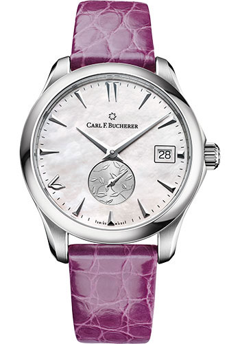 Carl F. Bucherer Manero AutoDate LOVE Watch - Steel Case - Mother-of-Pearl Dial - Purple Alligator Strap