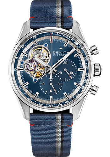 Zenith Chronomaster El Primero Open Watch - Steel - Blue Dial - Blue Fabric Strap