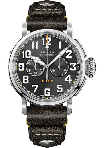 Zenith Pilot Type 20 Chronograph Rescue Watch - Steel - Slate-Grey Dial - Black Vintage Calfskin Strap