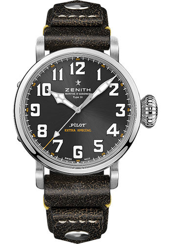 Zenith Pilot Type 20 Rescue Watch - Steel - Slate-Grey Dial - Black Vintage Calfskin Strap