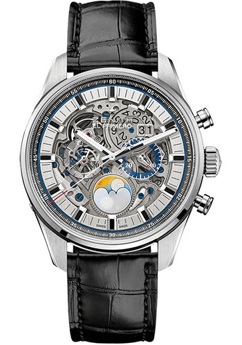Zenith Chronomaster El Primero Grande Date Full Open Watch - Steel - Sapphire Dial - Black Alligator Strap