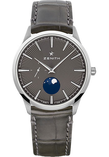 Zenith Elite Moonphase Watch - Steel - Slate-Grey Dial - Grey Alligator Strap
