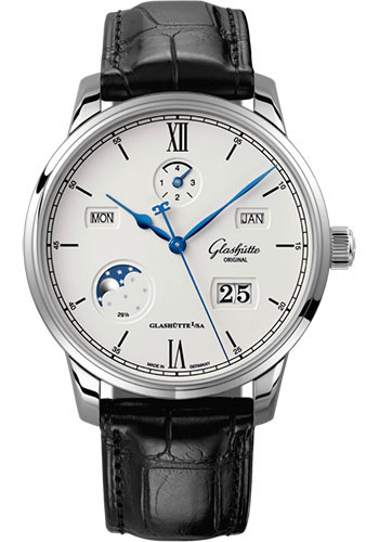 Glashütte Original Senator Excellence Perpetual Calendar - Steel Case - Silver Dial - Black Alligator Short Strap - Folding Buckle