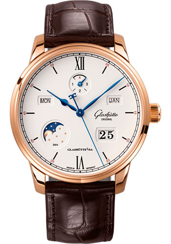 Glashütte Original Senator Excellence Perpetual Calendar - Red Gold Case - Silver Dial - Brown Alligator Strap - Pin Buckle