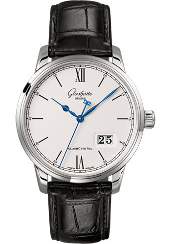 Glashütte Original Senator Excellence Panorama Date - Steel Case - Silver Dial - Black Alligator Strap - Pin Buckle
