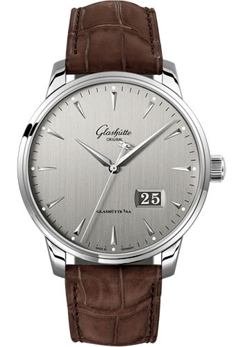 Glashütte Original Senator Excellence Panorama Date - Steel Case - Silver Grey Dial - Brown Louisiana Alligator Nubuk Leather Strap - Pin Buckle