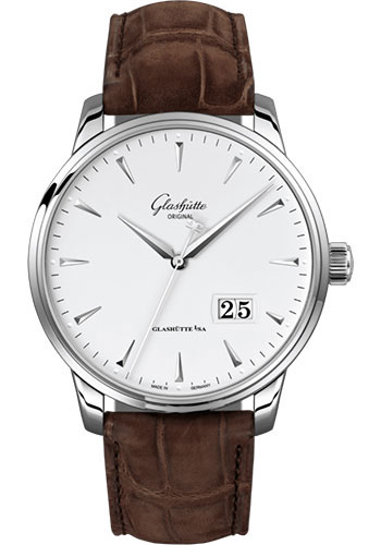 Glashütte Original Senator Excellence Panorama Date - Steel Case - White Dial - Brown Louisiana Alligator Nubuk Leather Strap - Pin Buckle