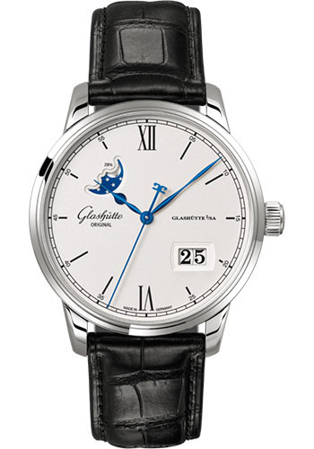 Glashütte Original Senator Excellence Panorama Date Moon Phase - Steel Case - Silver Dial - Black Alligator Strap - Pin Buckle