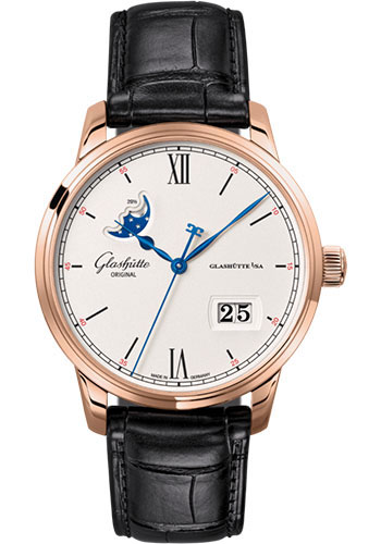 Glashütte Original Senator Excellence Panorama Date Moon Phase - Red Gold Case - Silver Dial - Black Alligator Strap - Pin Buckle