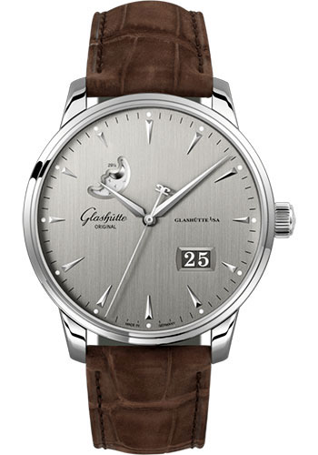 Glashütte Original Senator Excellence Panorama Date Moon Phase - Steel Case - Silver Grey Dial - Brown Louisiana Alligator Nubuk Leather Strap - Pin Buckle