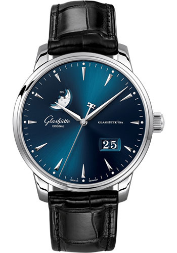 Glashütte Original Senator Excellence Panorama Date Moon Phase - Steel Case - Blue Dial - Black Alligator Strap - Pin Buckle