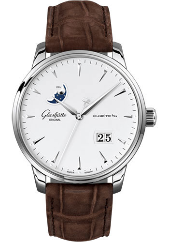 Glashütte Original Senator Excellence Panorama Date Moon Phase - Steel Case - White Dial - Brown Louisiana Alligator Nubuk Leather Strap - Pin Buckle