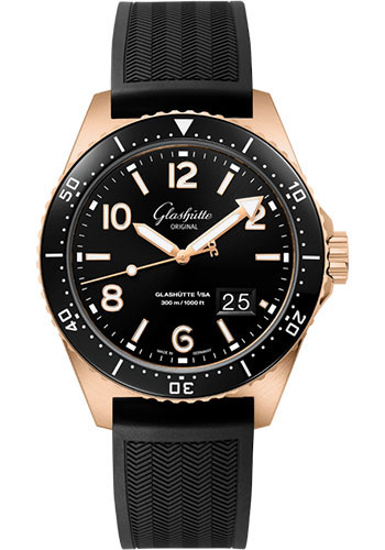 Glashütte Original SeaQ Panorama Date - Red Gold Case - Black Dial - Black Rubber Strap - Folding Buckle