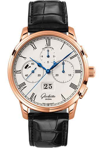 Glashütte Original Senator Chronograph Panorama Date - Red Gold Case - Silver Dial - Black Alligator Strap - Pin Buckle