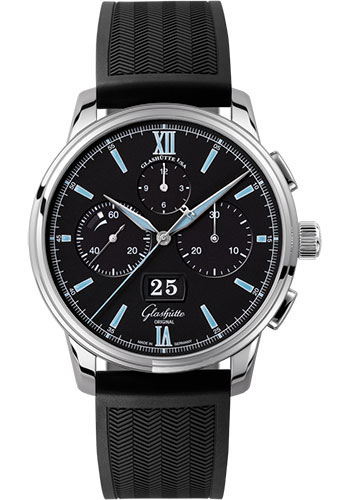 Glashütte Original Senator Chronograph Panorama Date - Steel Case - Black Dial - Black Rubber Strap - Pin Buckle