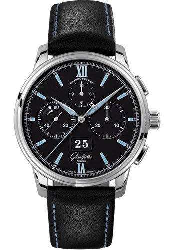 Glashütte Original Senator Chronograph Panorama Date - Steel Case - Black Dial - Black Calfskin Strap - Pin Buckle