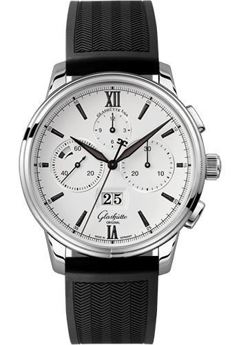 Glashütte Original Senator Chronograph Panorama Date - Steel Case - White Dial - Black Rubber Strap - Pin Buckle