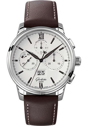 Glashütte Original Senator Chronograph Panorama Date - Steel Case - White Dial - Brown Calfskin Strap - Pin Buckle