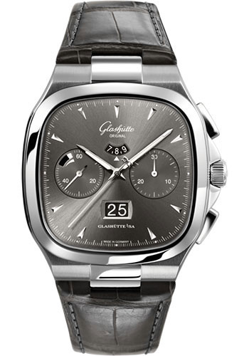 Glashütte Original Seventies Chronograph Panorama Date - Steel Case - Ruthenium Dial - Grey Alligator Short Strap - Folding Buckle