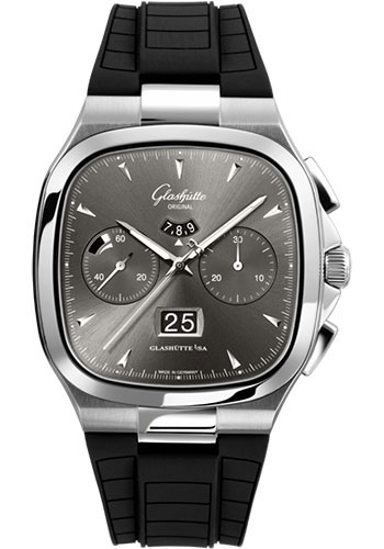 Glashütte Original Seventies Chronograph Panorama Date - Steel Case - Ruthenium Dial - Black Rubber Short Strap - Folding Buckle