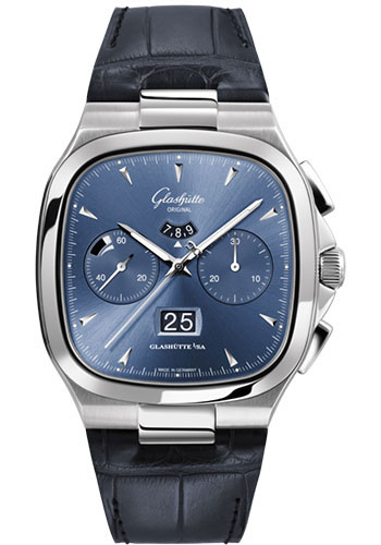Glashütte Original Seventies Chronograph Panorama Date - Steel Case - Blue Dial - Blue Alligator Short Strap - Folding Buckle
