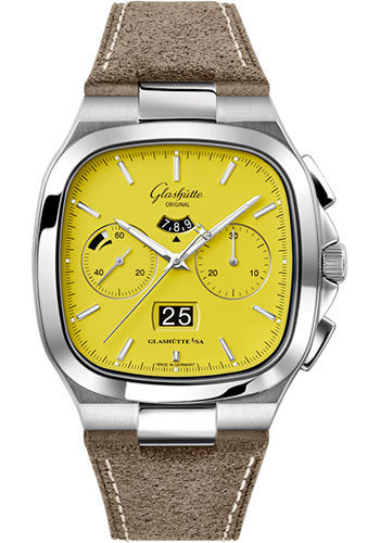 Glashütte Original Seventies Chronograph Panorama Date - Steel Case - Yellow Dial - Brown Calfskin Short Strap - Folding Buckle