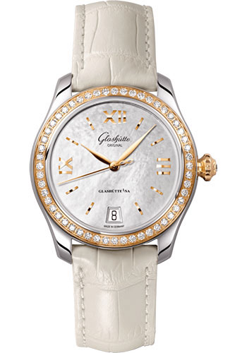 Glashütte Original Lady Serenade - Bicolor Case - Diamond Bezel - Mother-Of-Pearl Silver Dial - White And Beige Alligator Strap - Folding Buckle