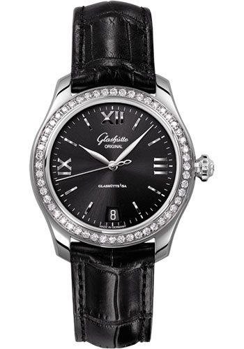 Glashütte Original Lady Serenade - Steel Case - Diamond Bezel - Black Dial - Black Alligator Strap - Folding Buckle