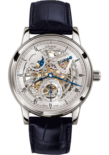 Glashütte Original Senator Moon Phase Skeletonized Edition - White Gold Case - Silver Dial - Blue Alligator Strap - Pin Buckle