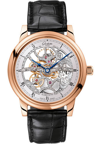 Glashütte Original Senator Manual Winding Skeletonized Edition - Red Gold Case - Silver Dial - Black Alligator Strap - Pin Buckle