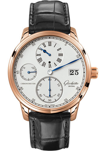 Glashütte Original Senator Chronometer Regulator - Red Gold Case - Silver Dial - Black Alligator Strap - Pin Buckle