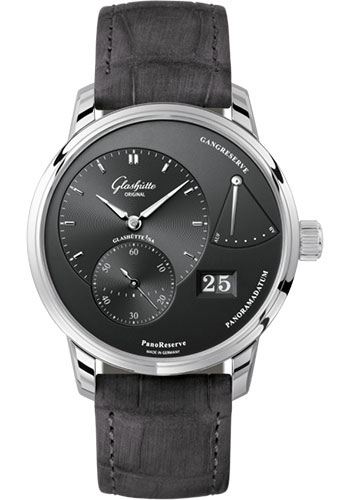 Glashütte Original PanoReserve - Steel Case - Ruthenium Dial - Grey Louisiana Alligator Nubuk Leather Strap - Pin Buckle