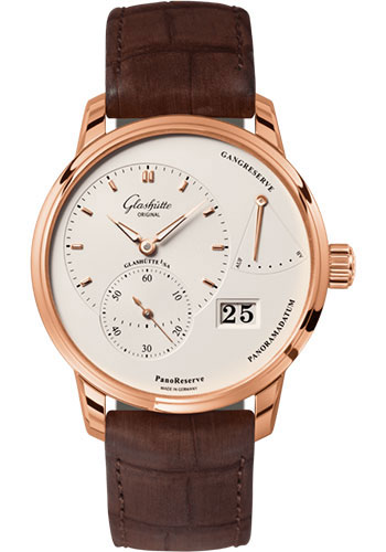 Glashütte Original PanoReserve - Red Gold Case - Silver Opalin Dial - Brown Louisiana Alligator Nubuk Leather Strap - Pin Buckle