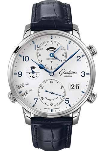 Glashütte Original Senator Cosmopolite - Steel Case - White Dial - Blue Alligator Strap - Pin Buckle